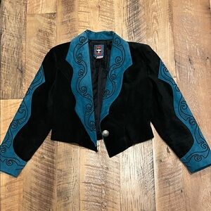 Renegade Spirit Women's Black and Teal Embroidered Suede Blazer